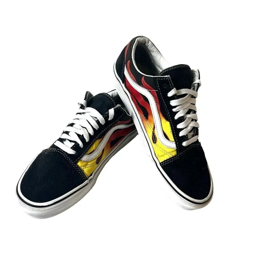 Vans Old Skool Flames Mens 7 Black Suede Canvas sneaker Shoes Lace Up Womens 8.5